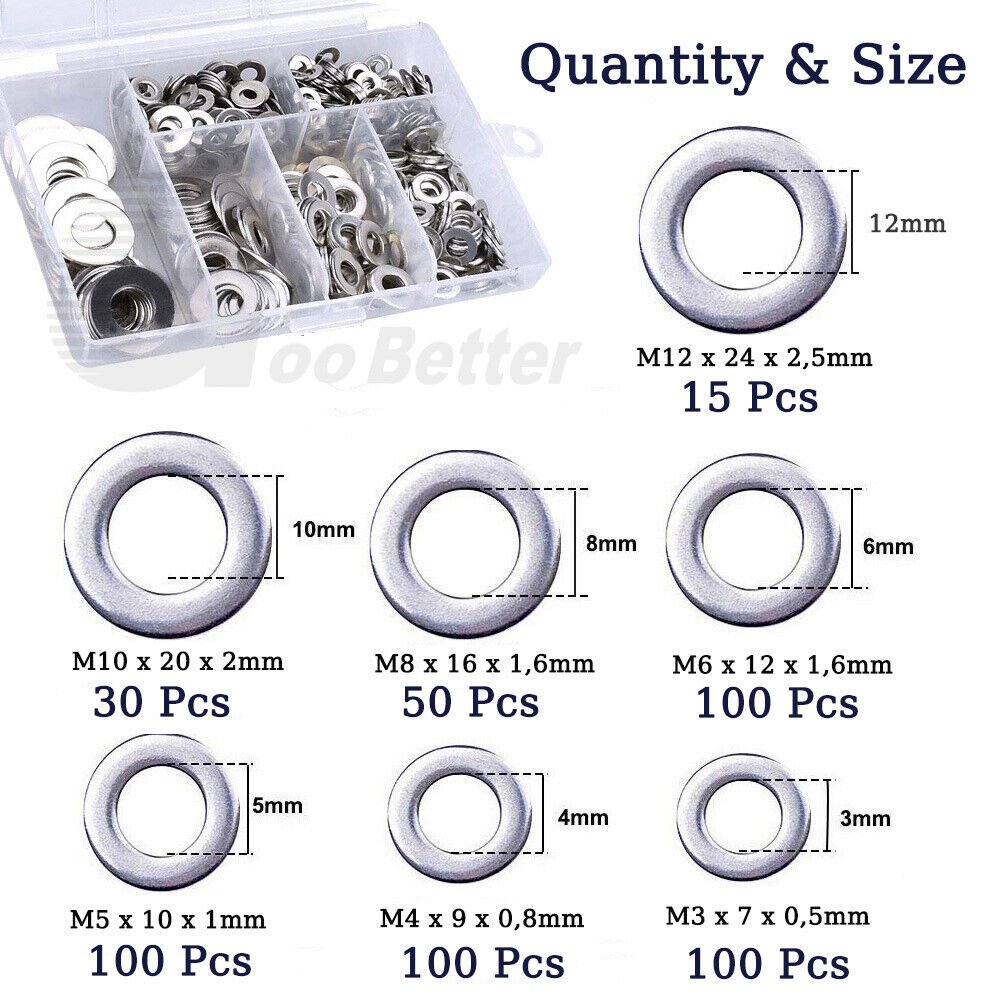 495Pcs M3 - M12 Flat Washers Assortment Zinc Plated For Metric Bolts & Screws Kit - HomeDIYer