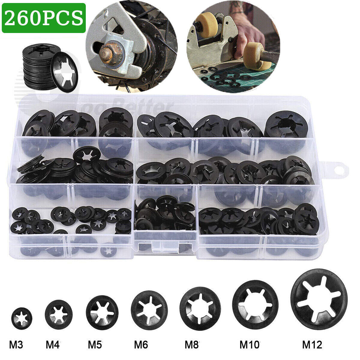 260Pcs Starlock Washers Push M3-M12 On Lock Star Tooth Grab Fastener Clips Set