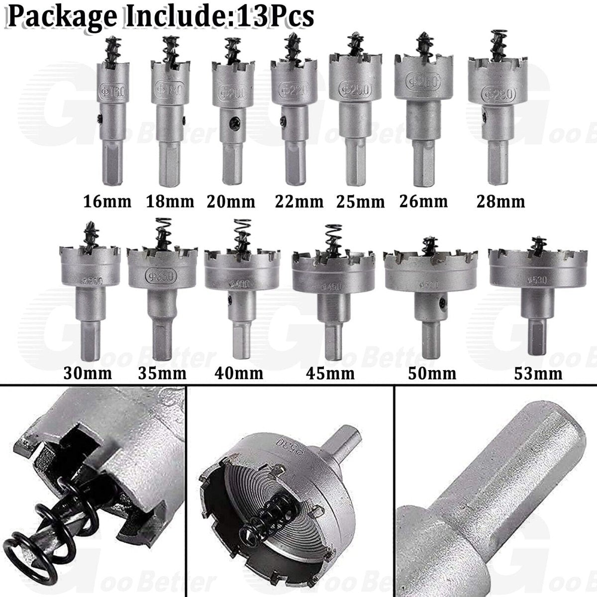 13Pcs Carbide Tip TCT Hole Saw Cutter Drill Bit Set For Steel Metal Wood 16 - 53mm - HomeDIYer