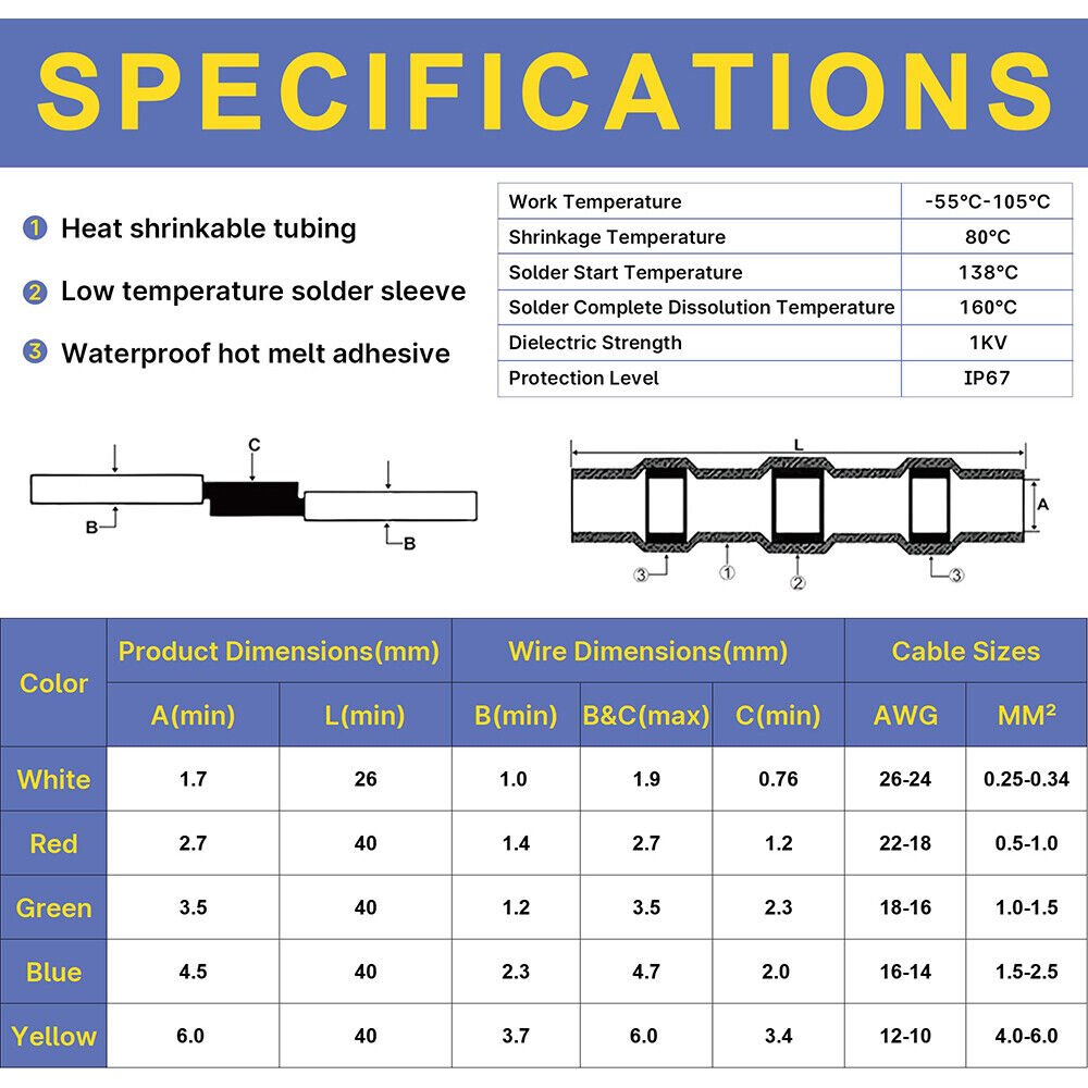 200pcs Solder Sleeve Seal Heat Shrink Butt Wire Connectors Terminals Waterproof - HomeDIYer
