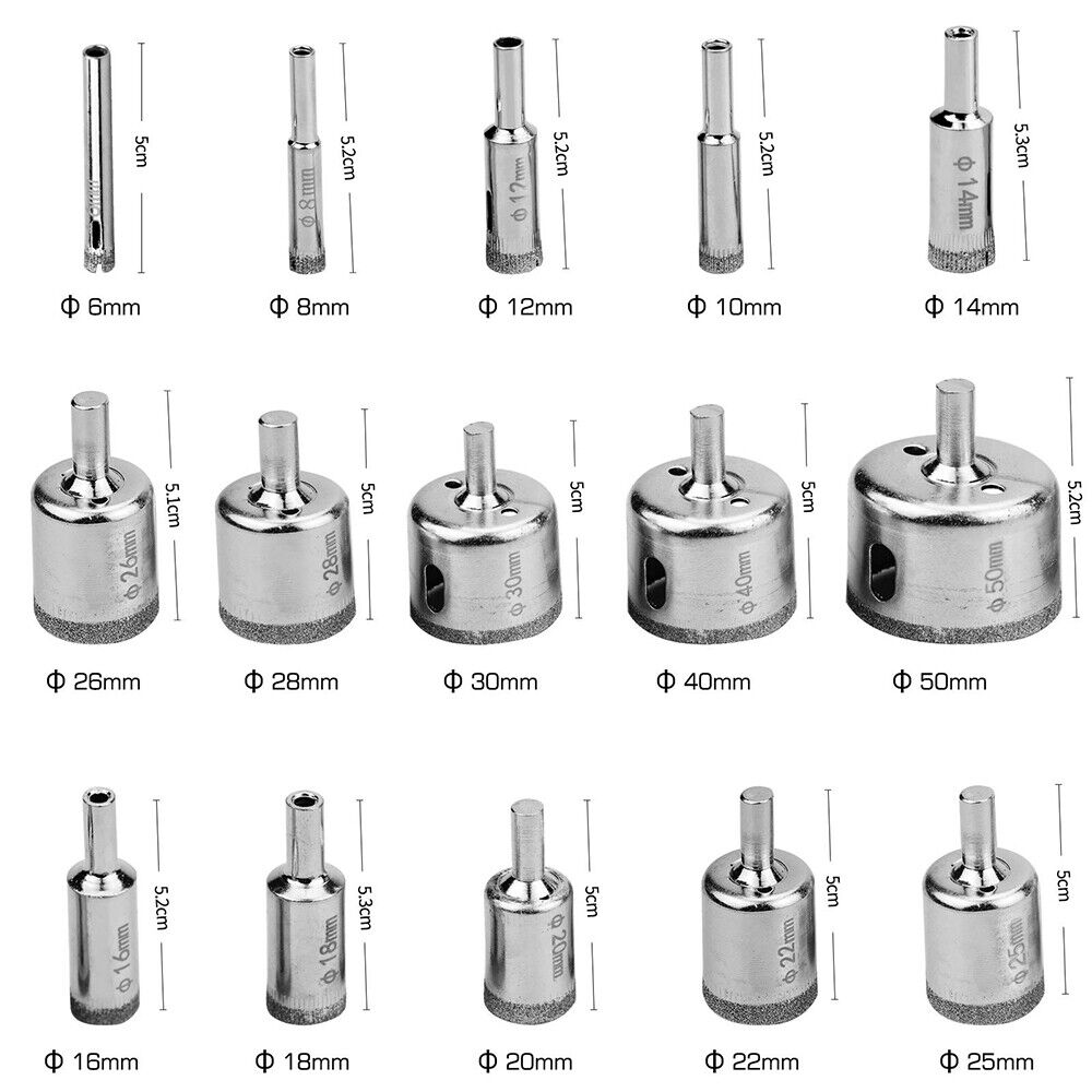 15 pcs diamond drill bit set hole drill 6mm - 50mm for glass marble granite - HomeDIYer