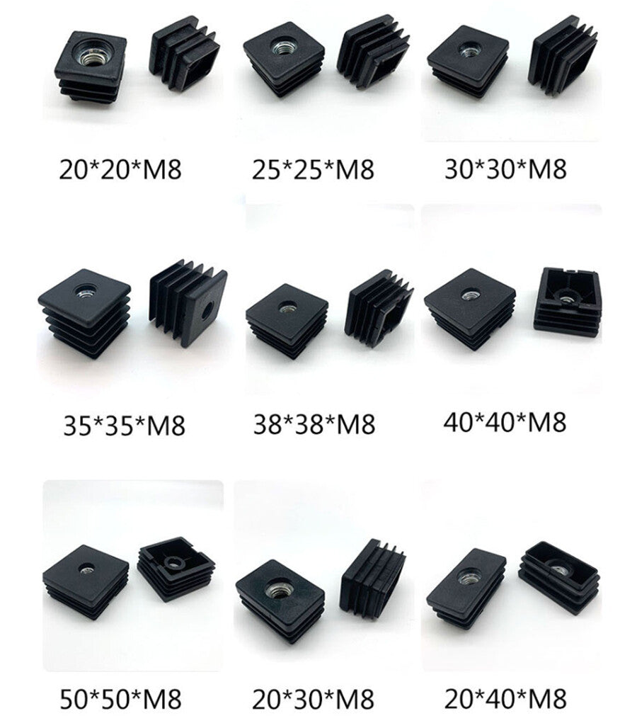 Assortment of furniture leg plugs showing M6 M8 M10 nut sizes with black caps