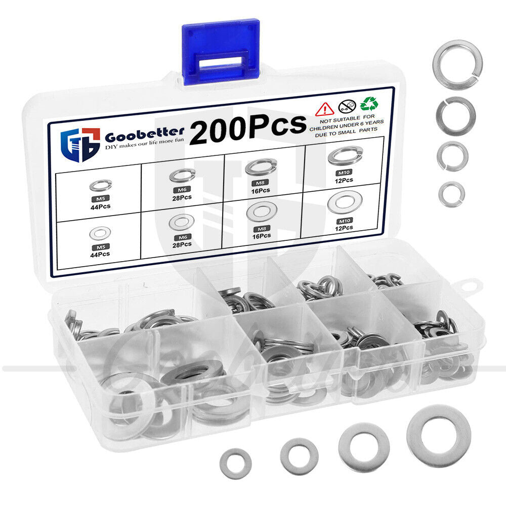 200pcs M5 - M10 Stainless Steel Flat Washer Spring Lock Washer Assortment Kit - HomeDIYer