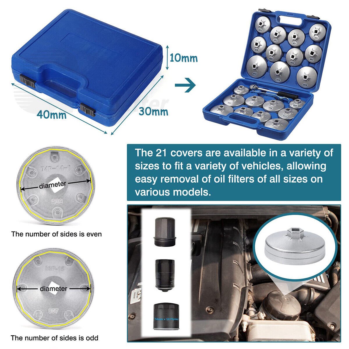 23x Aluminium Cap Type Oil Filter Wrench Set Automotive Removal Socket Tool Kit - HomeDIYer
