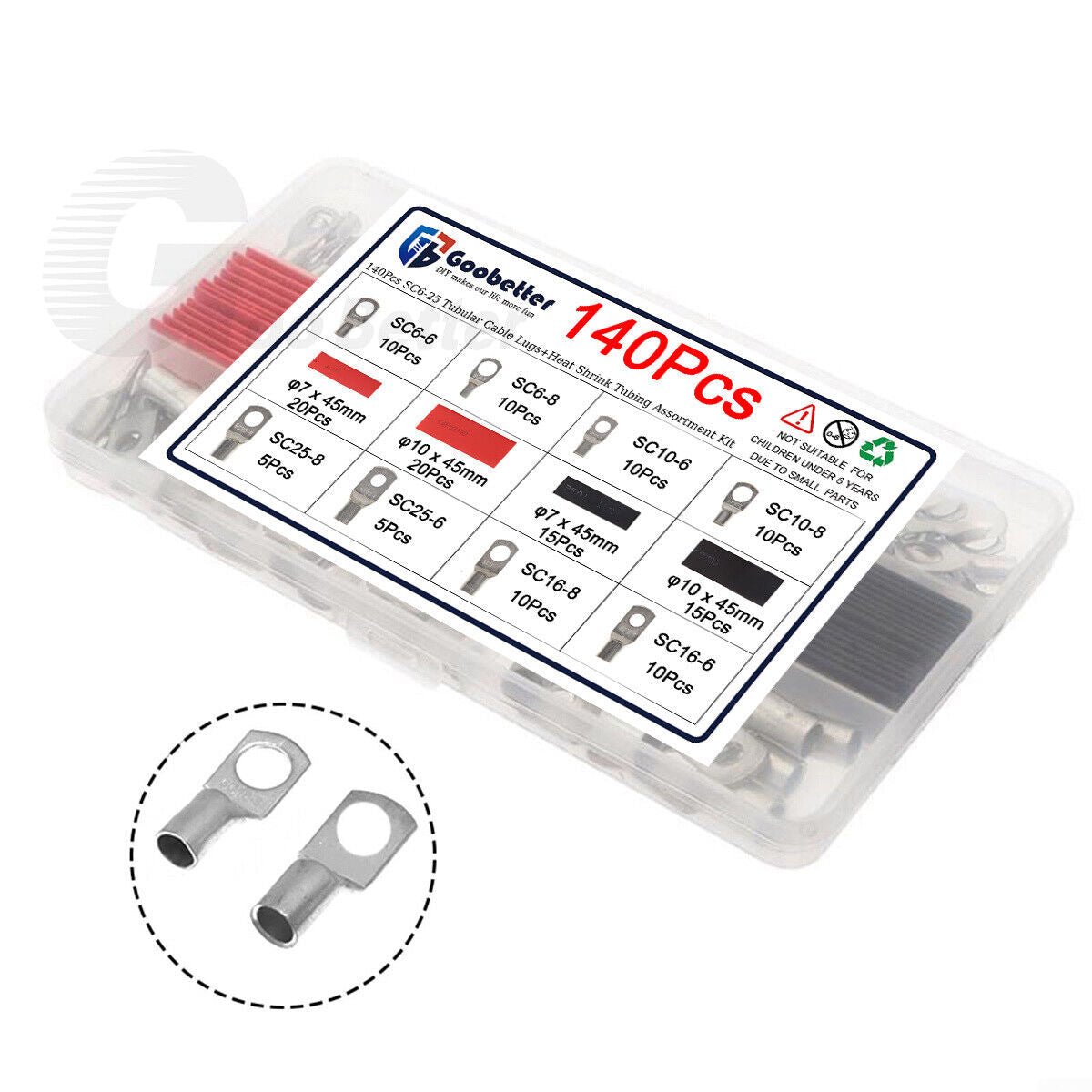 140x tubular cable lugs + insulating sleeves assortment ring eyelets ring tongues cable lug set - HomeDIYer