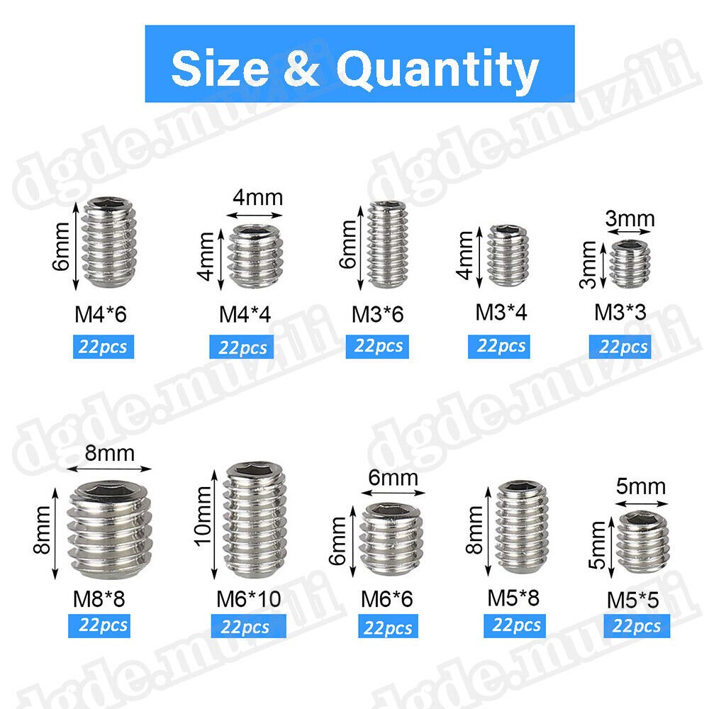 220 Pcs Set Screws Assortment M3 - M8 Stainless Steel A2 Hexagon Socket Grub Screws - HomeDIYer