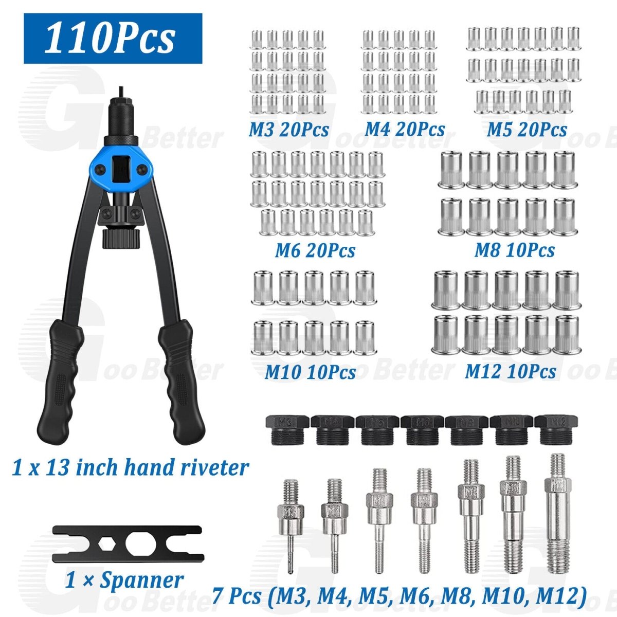 13'' Rivet Gun Kit Rivnut Thread Setting Tool Nut Setter NutSert Metric 110PCS - HomeDIYer