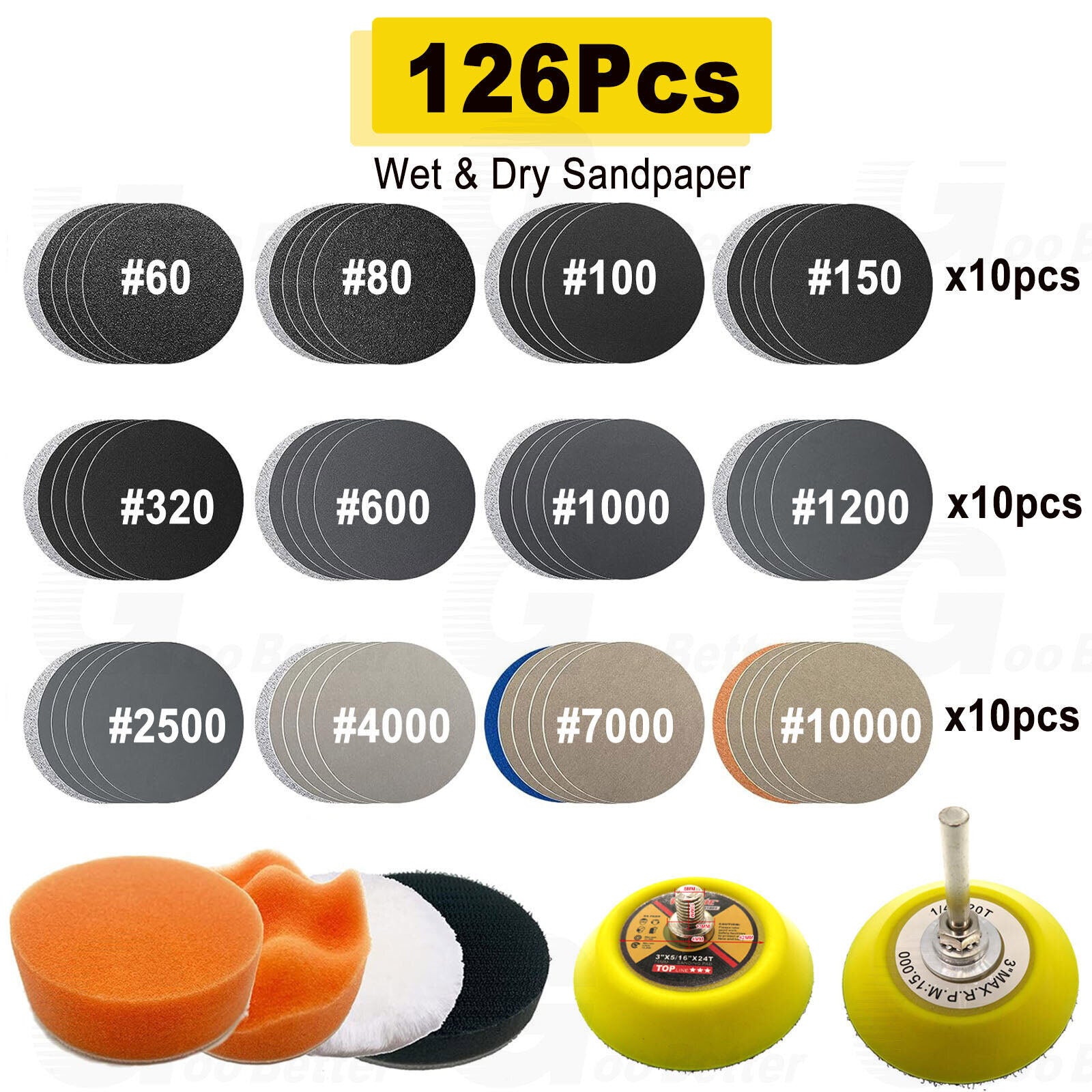 126Pcs 3inch Sanding Discs Foam Buffing Polishing Sponge Sander Buffer Pad Kit
