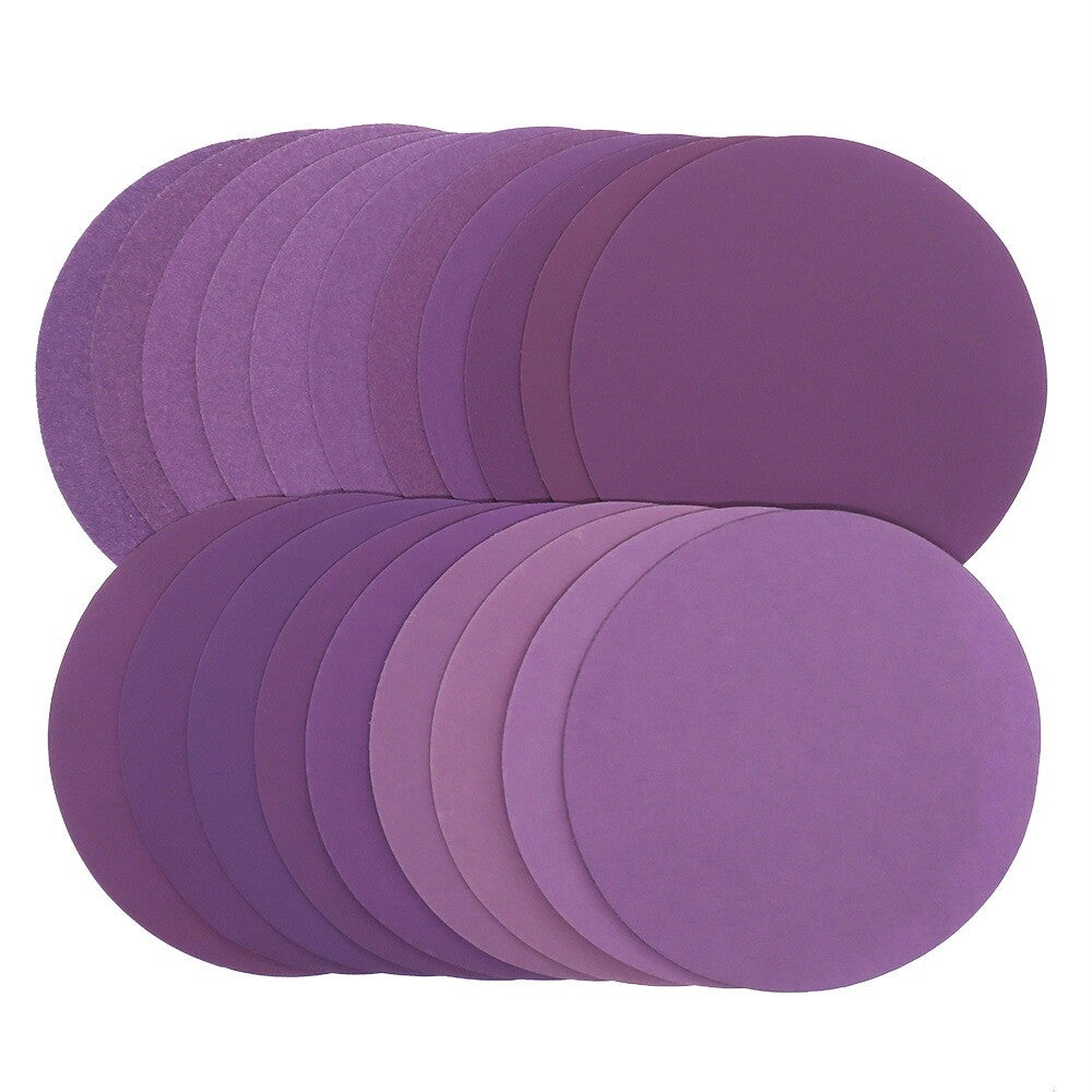 Sealed plastic packaging of the 6-inch purple sanding discs.
Backside of the sanding disc showing the hook and loop backing for easy attachm