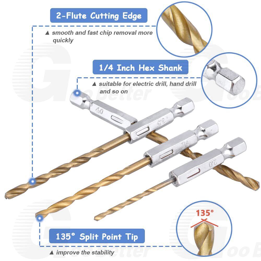 HSS Titanium Coated Twist Drill Bit Set 1/4” Hex Shank 1.5 - 6.5mm For wood Metal - HomeDIYer