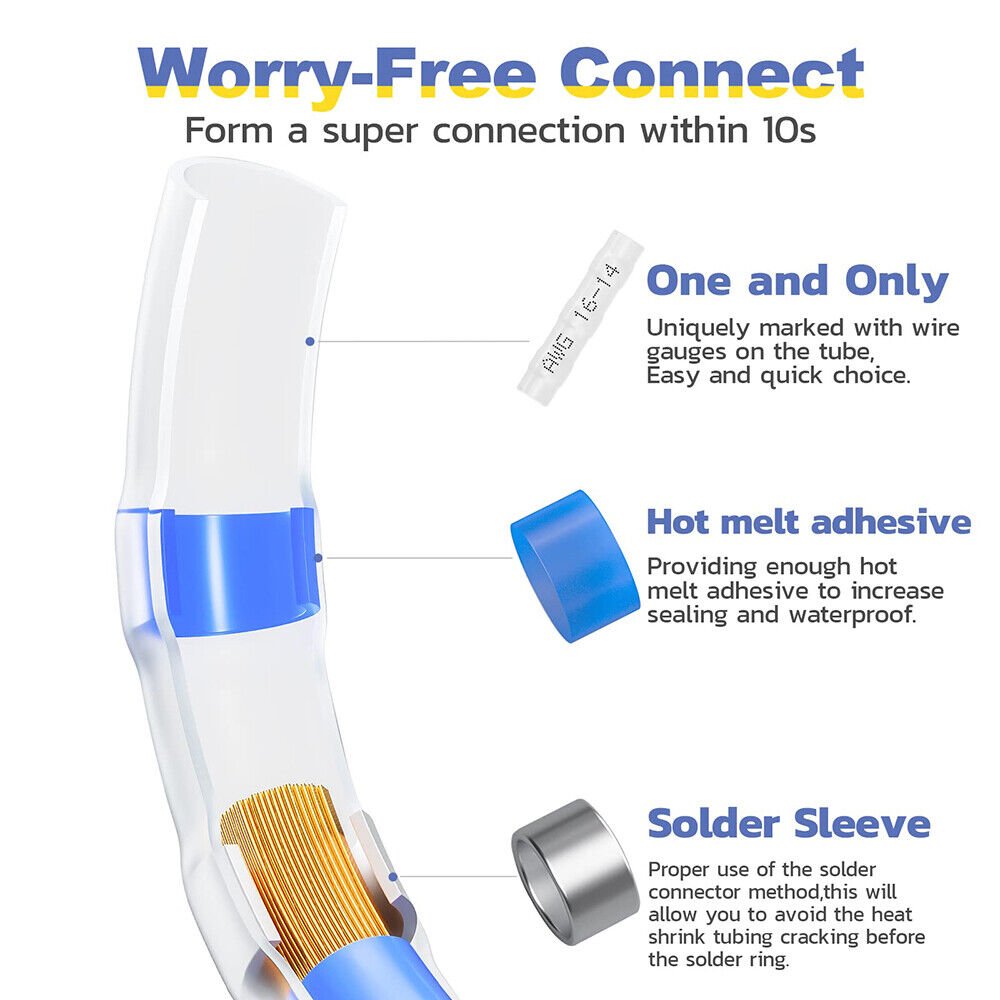 200pcs Solder Sleeve Seal Heat Shrink Butt Wire Connectors Terminals Waterproof - HomeDIYer