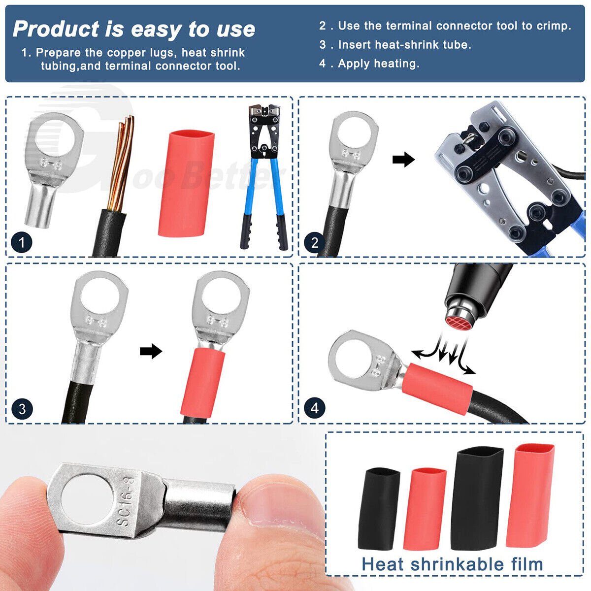 140x tubular cable lugs + insulating sleeves assortment ring eyelets ring tongues cable lug set - HomeDIYer