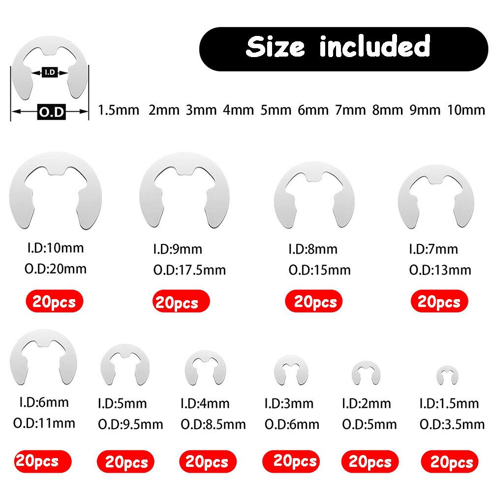 200pcs E Clips Retaining Ring Stainless Steel E Clips Shaft Ring Kit 1.5mm - 10mm - HomeDIYer