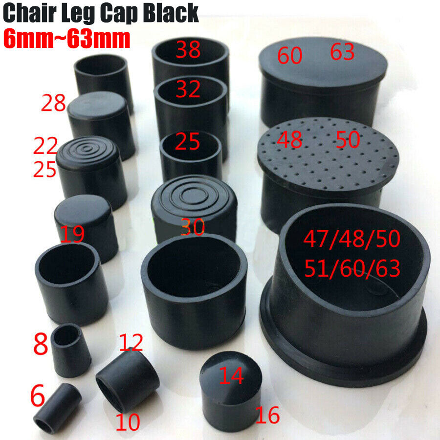 Black PVC rubber chair table feet end covers (6mm~63mm) for pipe/tubing—anti-scratch protection