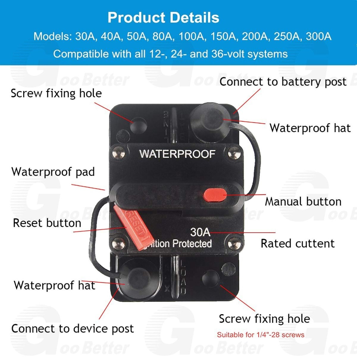 30 - 300Amp Waterproof Car Circuit Breaker Fuse Reset for Boat Auto RV DC 12V - 48V - HomeDIYer
