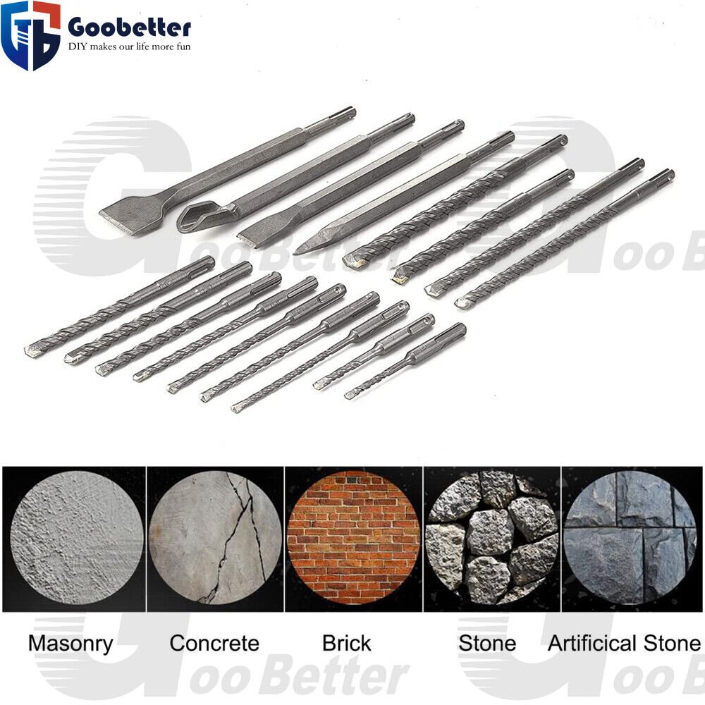 17x SDS Plus Rotary Hammer Drill Bit Chisels Set Concrete Stone with Plastic Box - HomeDIYer