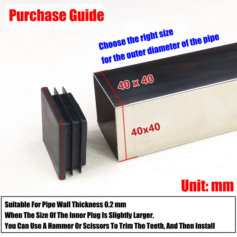 Close-up of black square plastic blanking end caps, durable tube pipe insert plug bungs