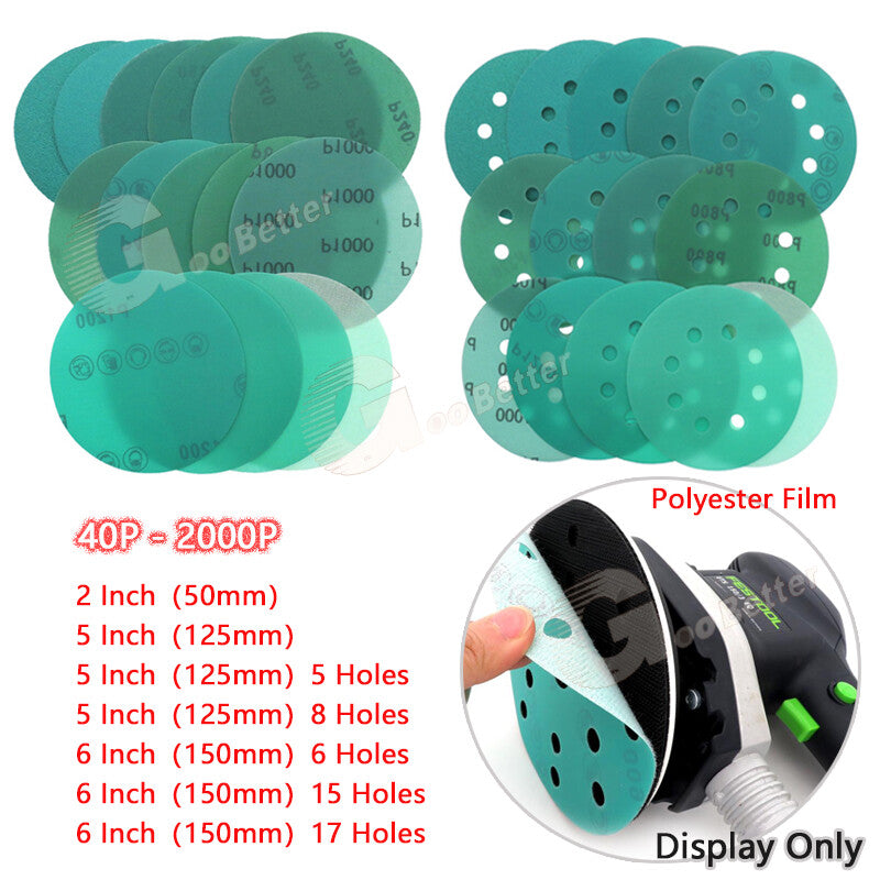 50/125/150mm Wet & Dry Sandpaper Polyester Film Green Sand Hook & Loop 40-2000P 10Pcs