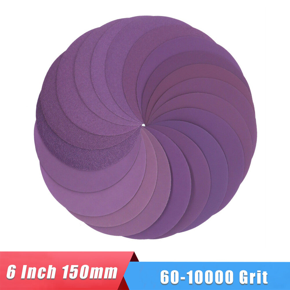 Purple 6-inch 150mm wet and dry sanding discs with grit range 60-10000 on white background
