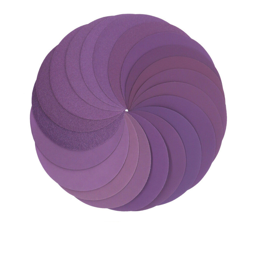 Purple 6-inch 150mm wet and dry sanding discs with grit range 60-10000 on white background