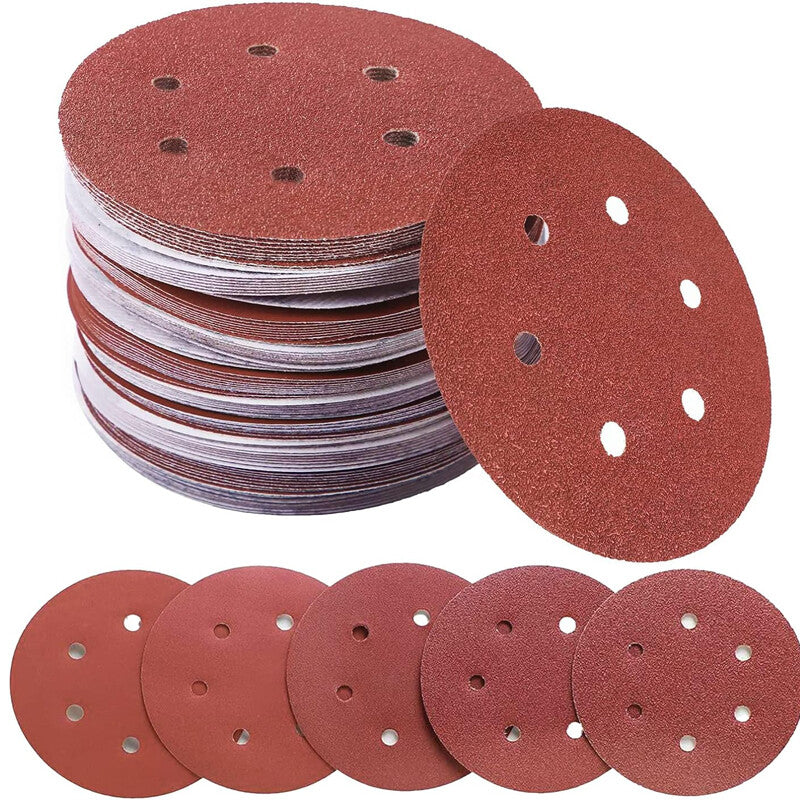 150mm 6 Inch SANDING DISCS 6 Hole Self-Adhesive Red Sandpaper 40#-800# Hook&Loop