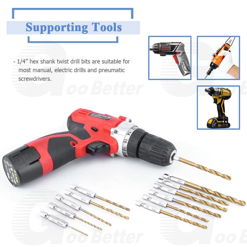 HSS Titanium Coated Twist Drill Bit Set 1/4” Hex Shank 1.5 - 6.5mm For wood Metal - HomeDIYer