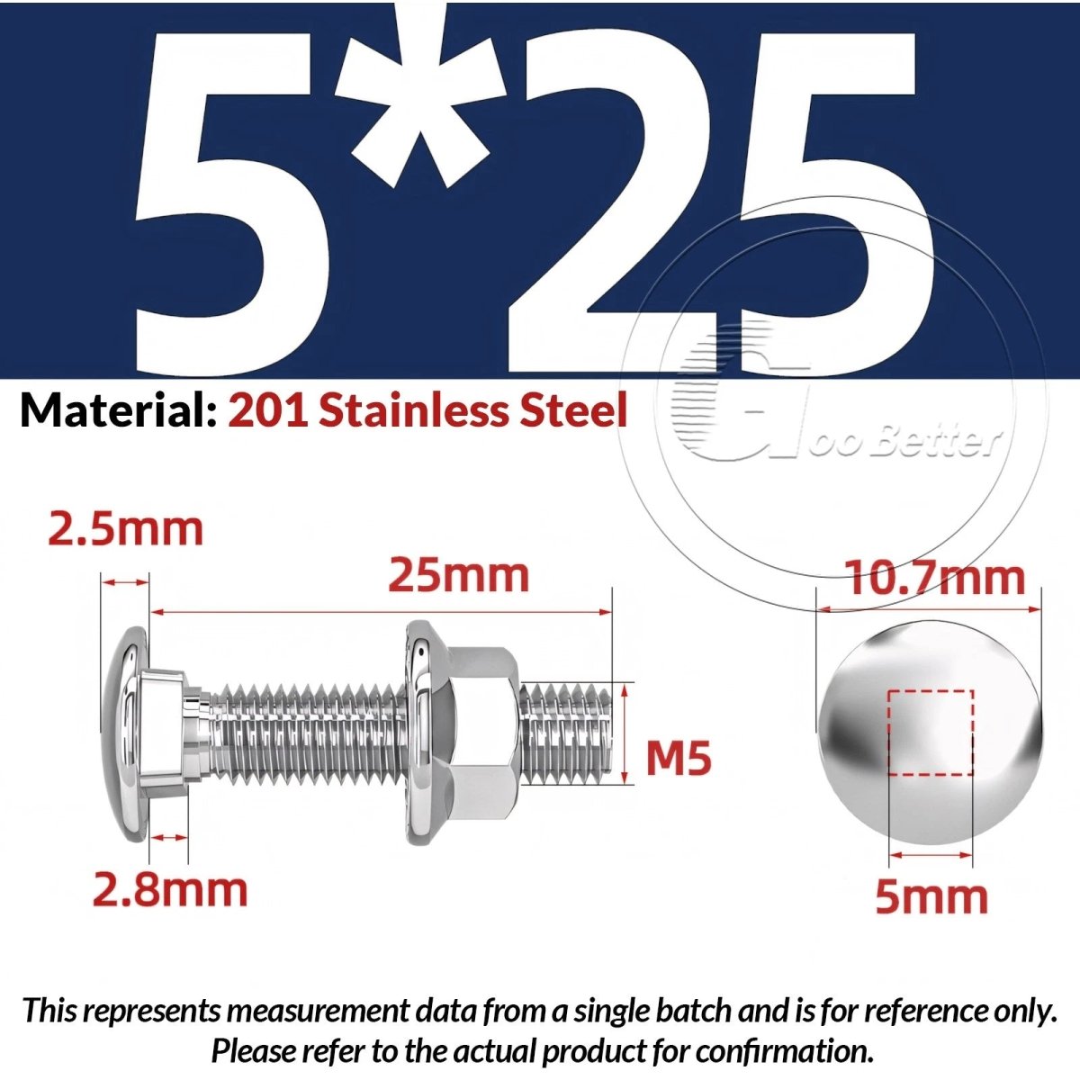 M5–M12 Carriage Bolts with Nuts | Cup Square Domed Head | 201 Stainless Steel - HomeDIYer