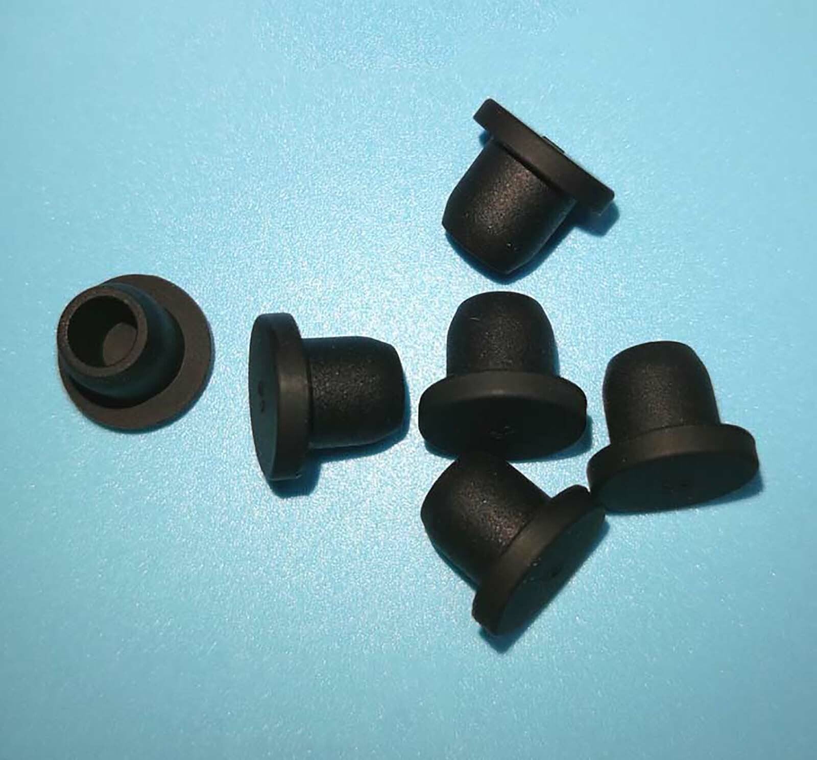 Black Silicone Hole Plug assortment showing solid and hollow end caps 9mm to 19mm