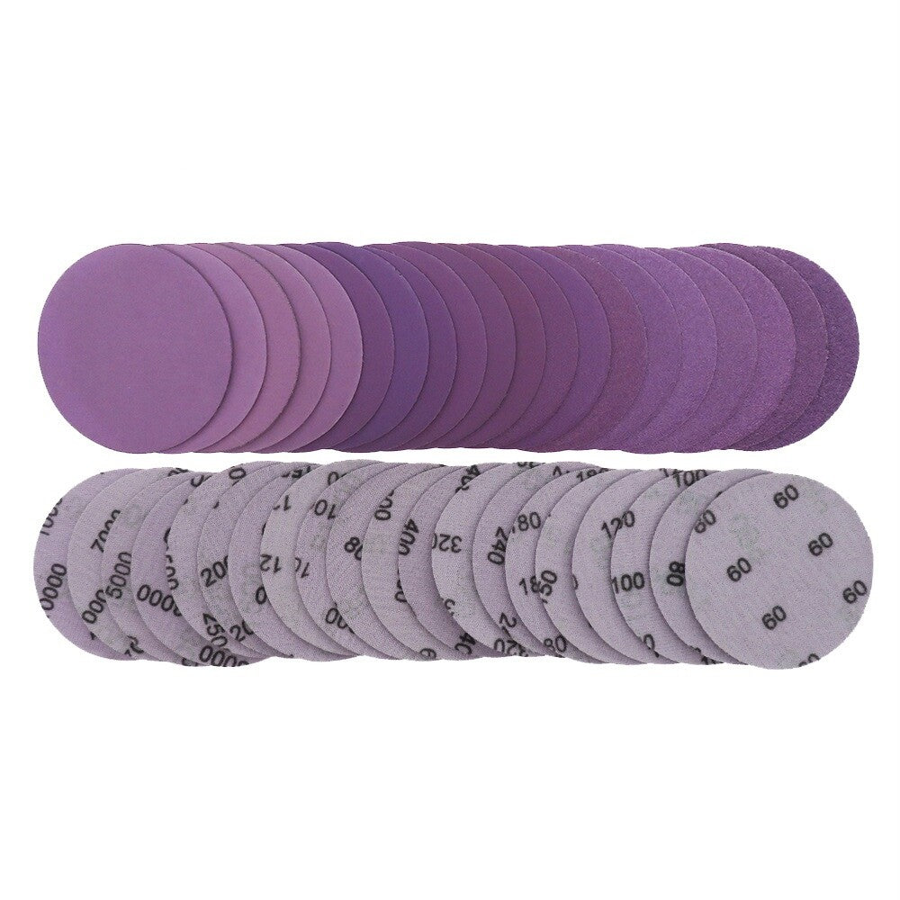 Package of 3-inch purple sandpaper discs with grit size information visible.