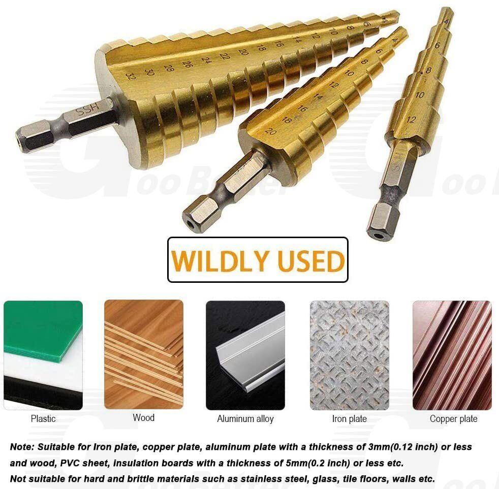 3Pcs Spiral Step Cone Drill Bit Set HSS 1/4" Hex Shank Hole Bits for Metal Wood - HomeDIYer