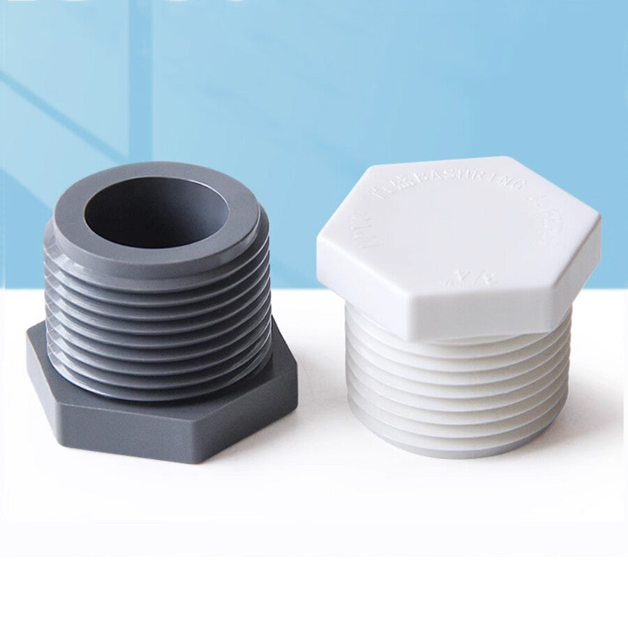 Retail packaging of HomeDIYer Male Thread PVC Pipe Plugs with size chart