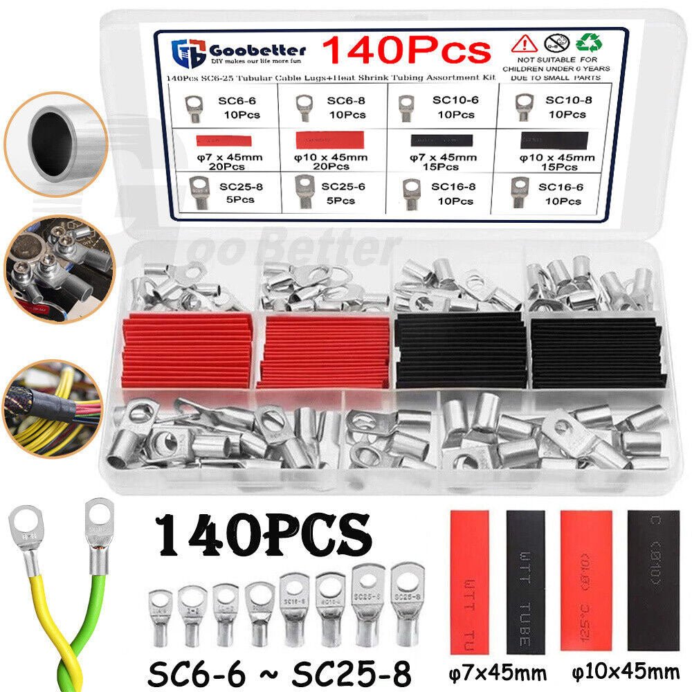 140x tubular cable lugs + insulating sleeves assortment ring eyelets ring tongues cable lug set - HomeDIYer