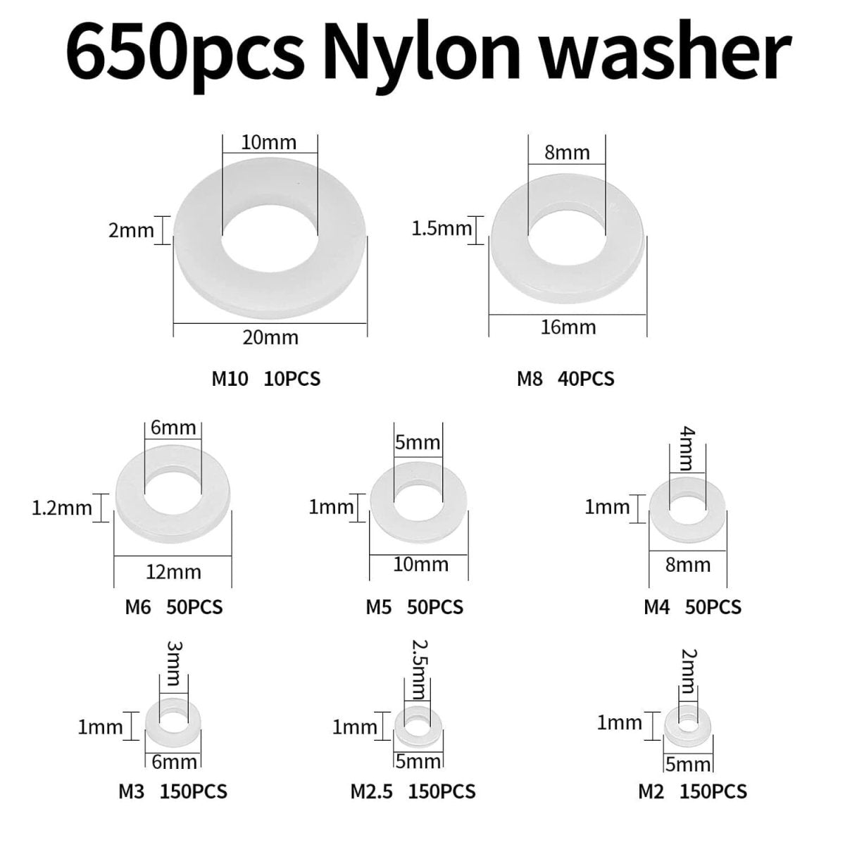 500Pc White Nylon Flat Washer Assortment Kit M2 - M8 Tight Seal Gasket Liquids Set - HomeDIYer