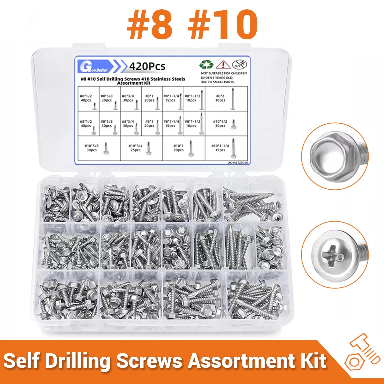420 Pcs 8 10 Self Drilling Screws 410 stainless steels Assortment Kit - HomeDIYer