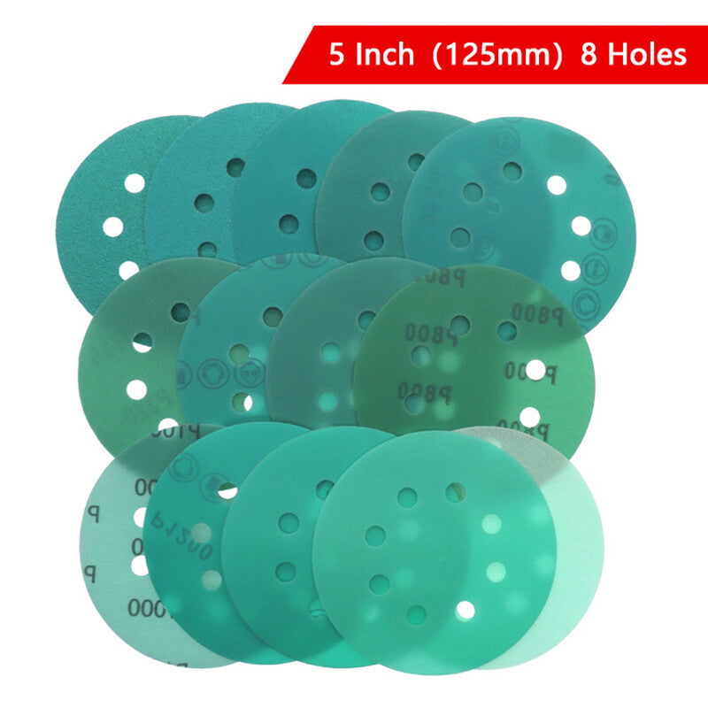 50/125/150mm Wet & Dry Sandpaper Polyester Film Green Sand Hook & Loop 40-2000P 10Pcs