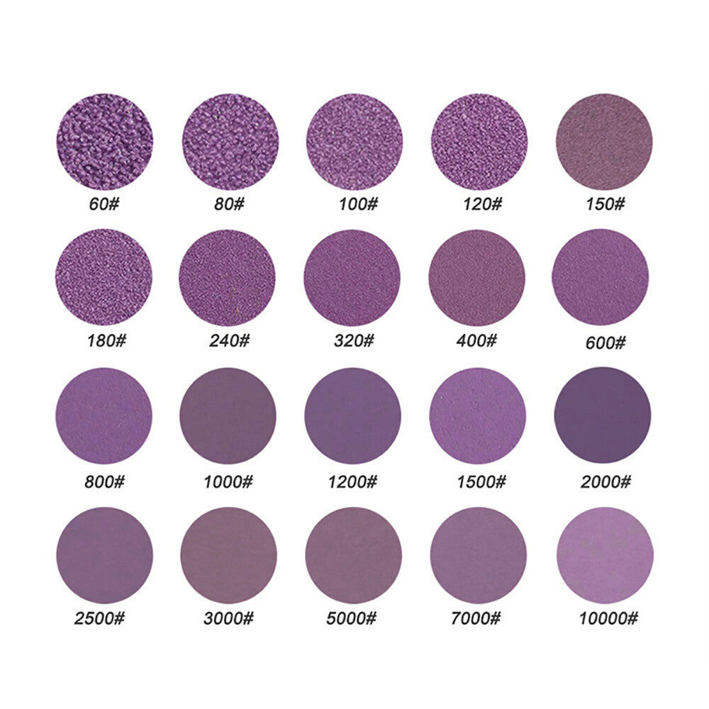Assortment of 60 to 10000 grit purple waterproof sanding discs for home DIY projects.