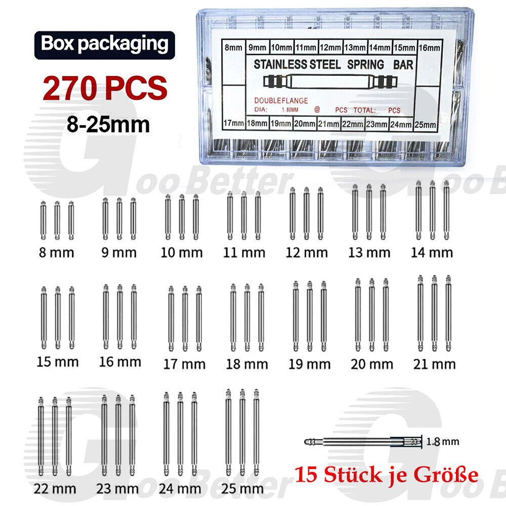 270pcs spring bars 8 - 25mm stainless steel spring pins watch pins 1.8 mm watch repair - HomeDIYer