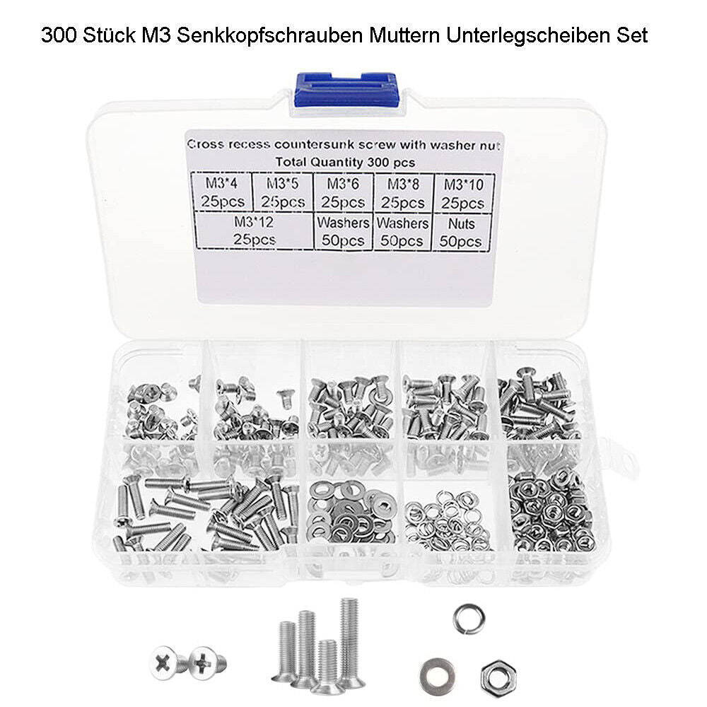 300 PCS M3 countersunk head screws cross nuts washers set stainless steel A2 - HomeDIYer