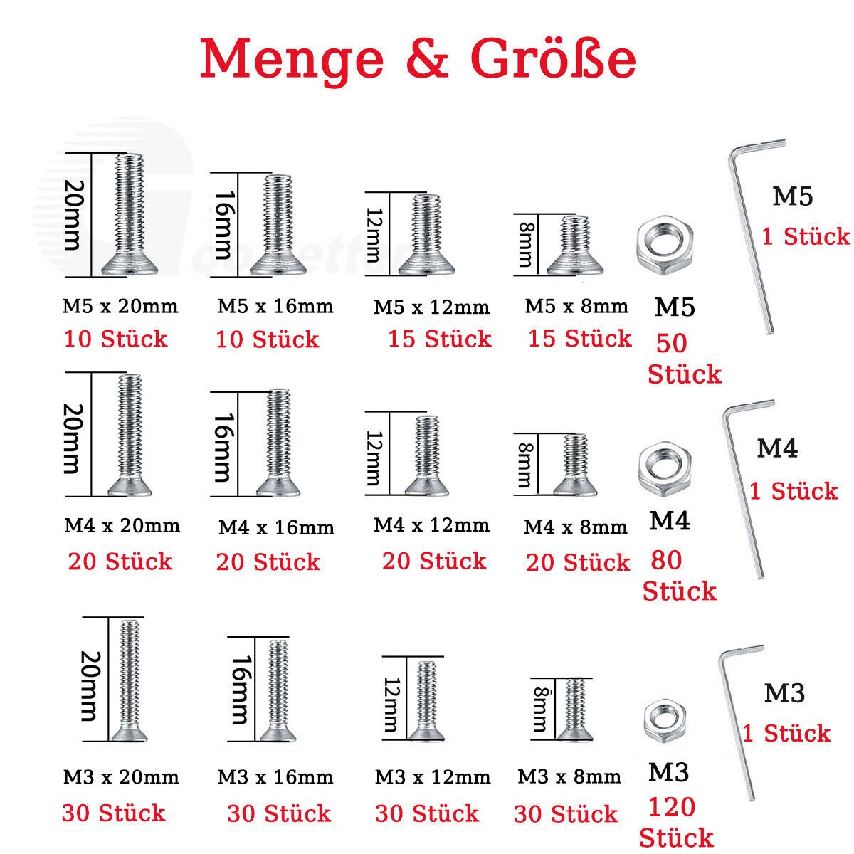 M3 - M5 Hexagon socket countersunk head screws With nuts & Allen key set - HomeDIYer