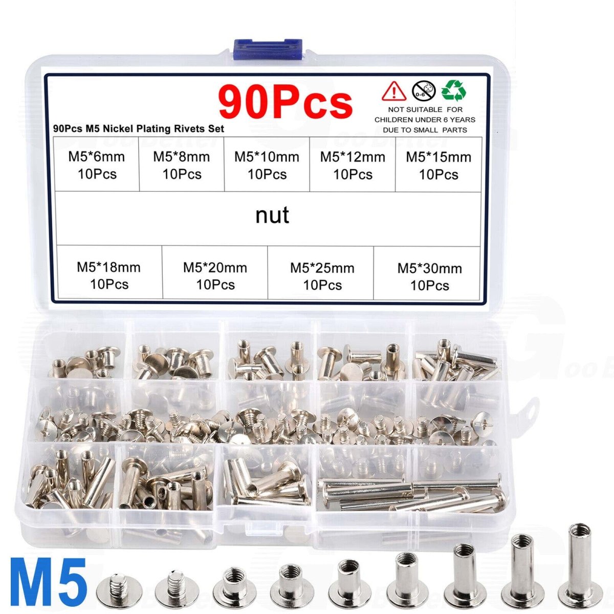 90pcs M5 Chicago Screw Set Binding Rivets Studs for Leather Craft Nickel Plating - HomeDIYer