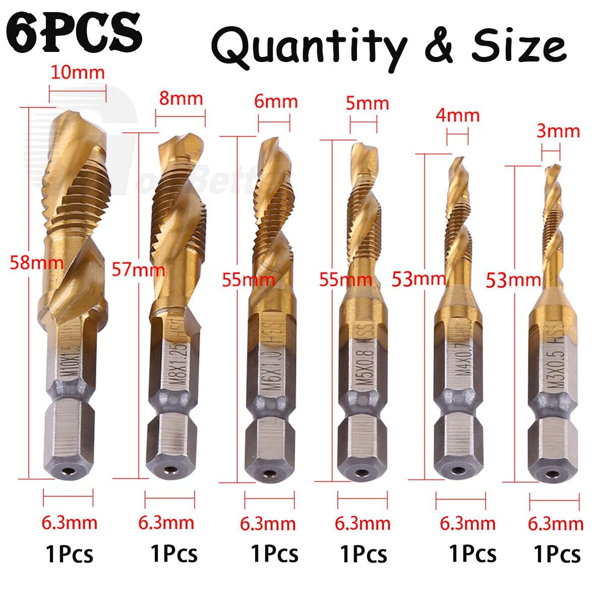 6Pcs HSS Drill Spiral Tap Bits M3 - M10 Hex Shank 1/4'' Metric Thread Cutter Set - HomeDIYer