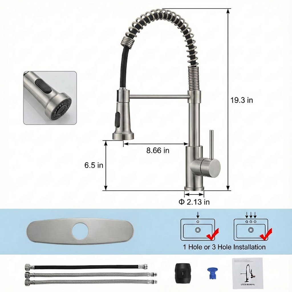 Industrial Pull Down Kitchen Faucet | Brushed Nickel Stainless Steel | 1 or 3 Hole | Farmhouse, RV, Wet Bar