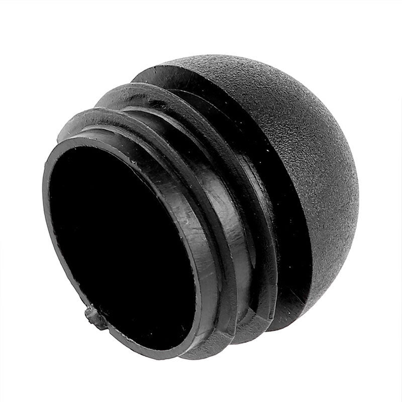 Dome caps protecting tube ends on retail display shelving