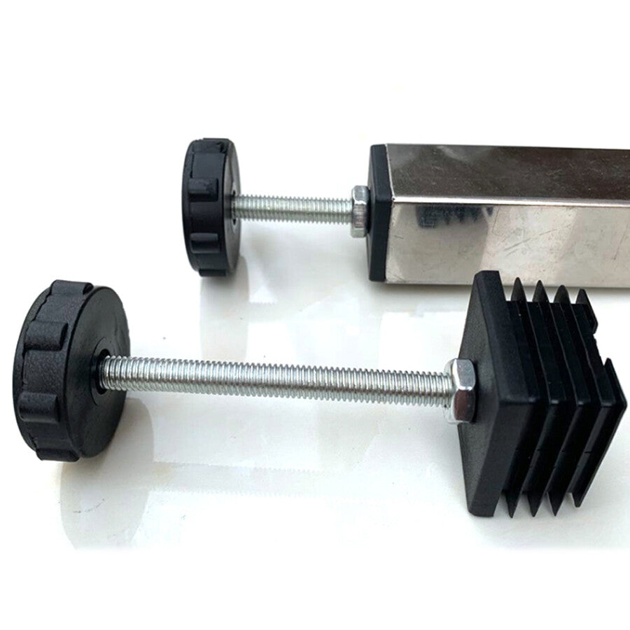 Adjustable table foot installed on furniture leg showing height adjustment