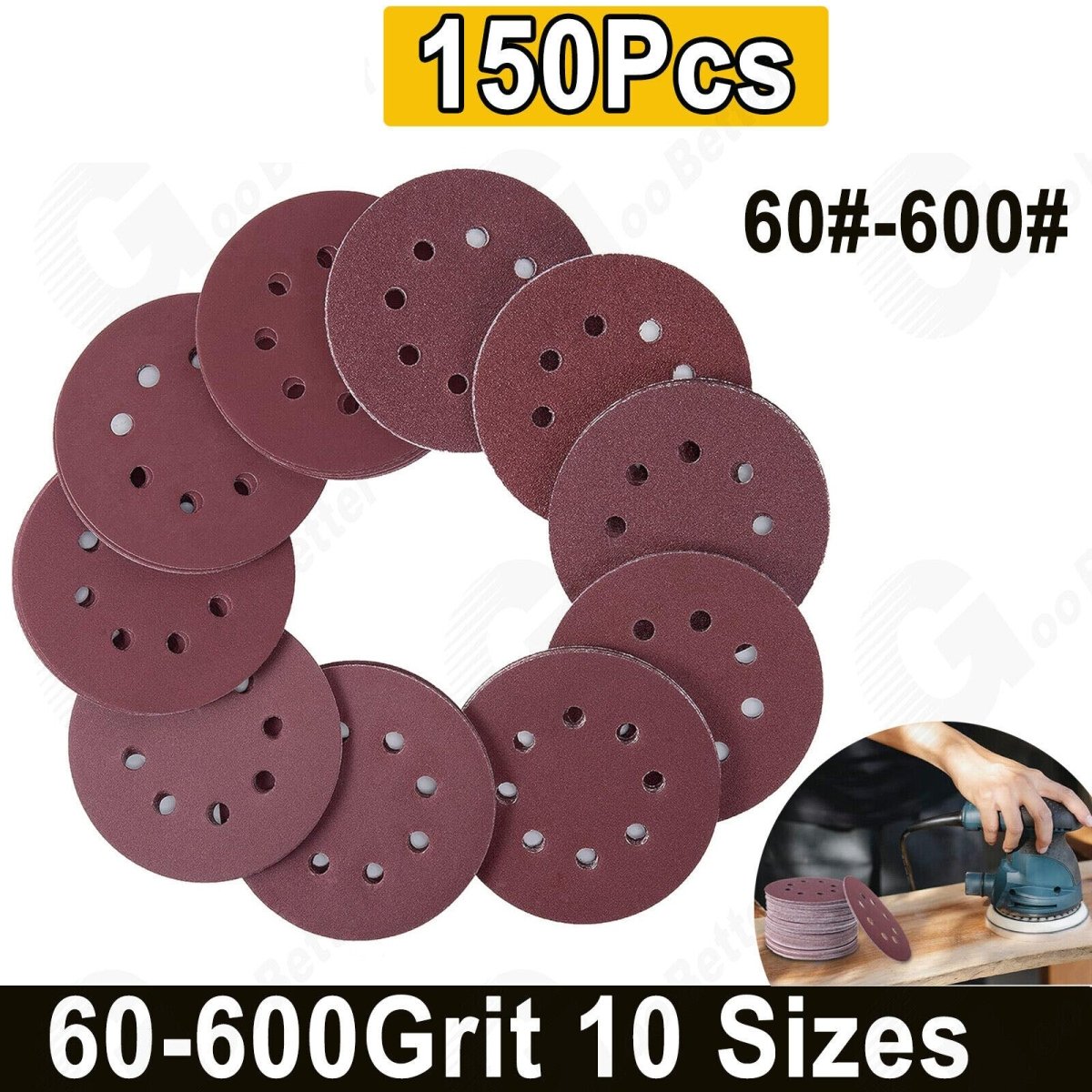 150pcs 5 Inch 8 Hole Dustless Hook and Loop Sanding Disc Sander Round Sandpaper - HomeDIYer