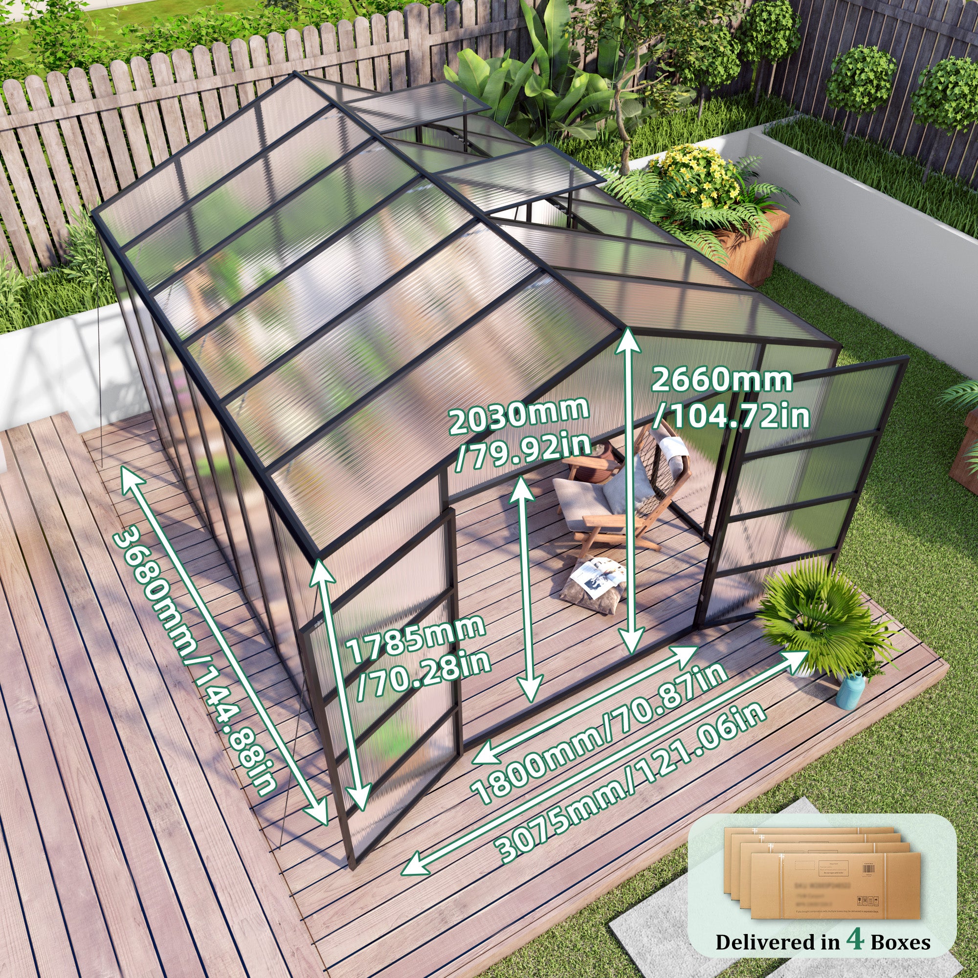 10ft x 12ft Heavy‑Duty Aluminum Walk‑In Greenhouse — Raised Base Polycarbonate Panels & Drainage System Black