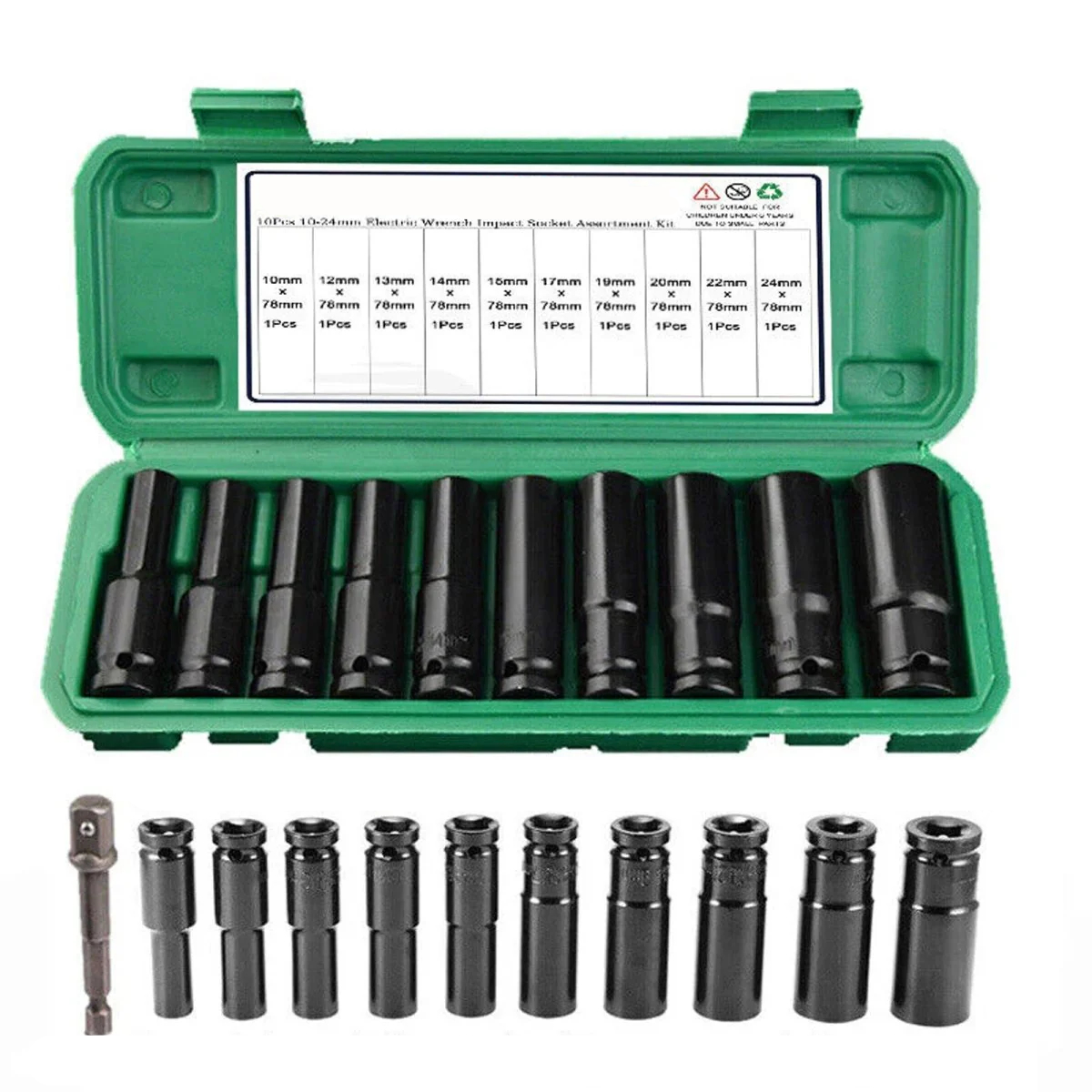 10 x 1/2 Zoll Schlagschrauber-Steckschlüssel, 10–24 mm, metrischer Steckschlüsselantrieb, lange Reichweite, dünne Wand