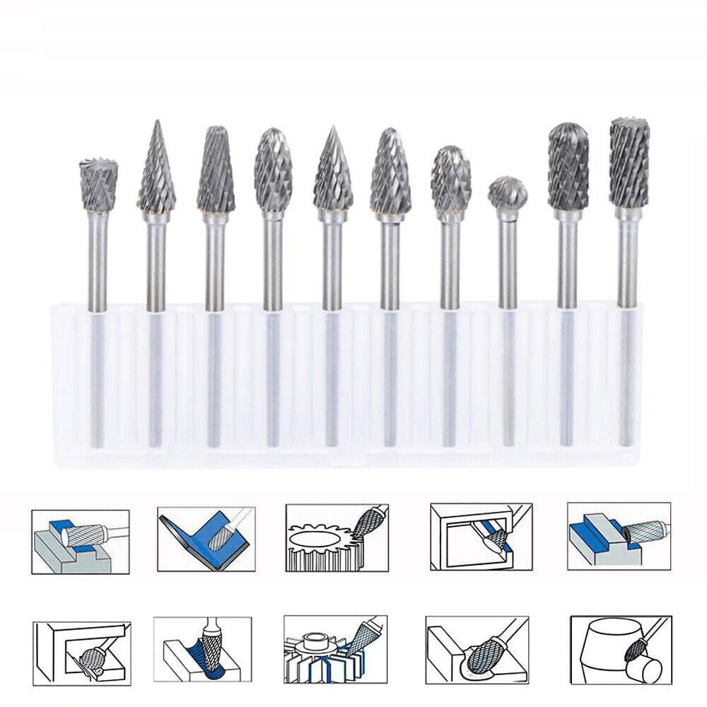 10x Double Cut Tungsten Carbide Rotary Burr Set 1/8" Drill Bits for Dremel Tool - HomeDIYer