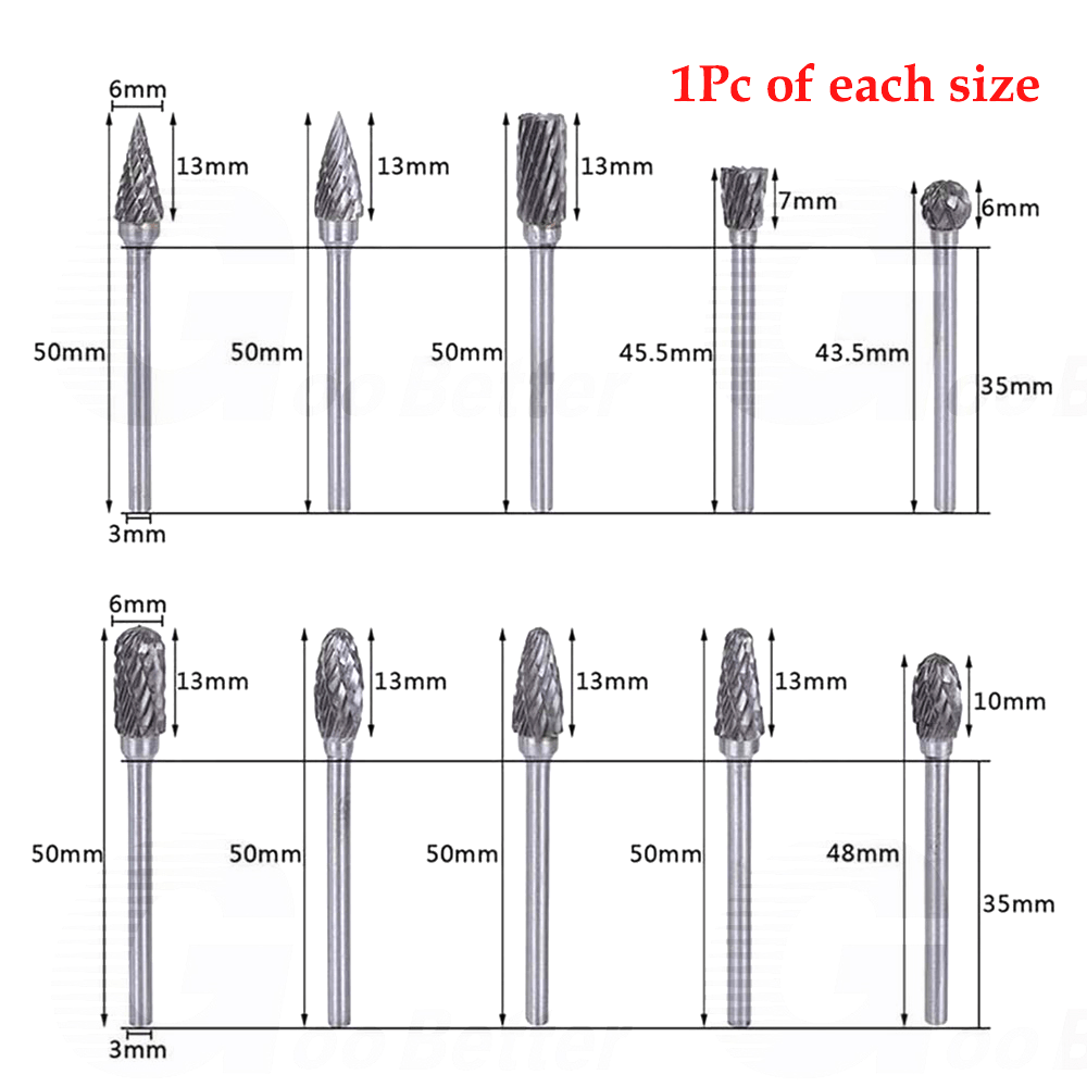 10x Double Cut Tungsten Carbide Rotary Burr Set 1/8" Drill Bits for Dremel Tool - HomeDIYer