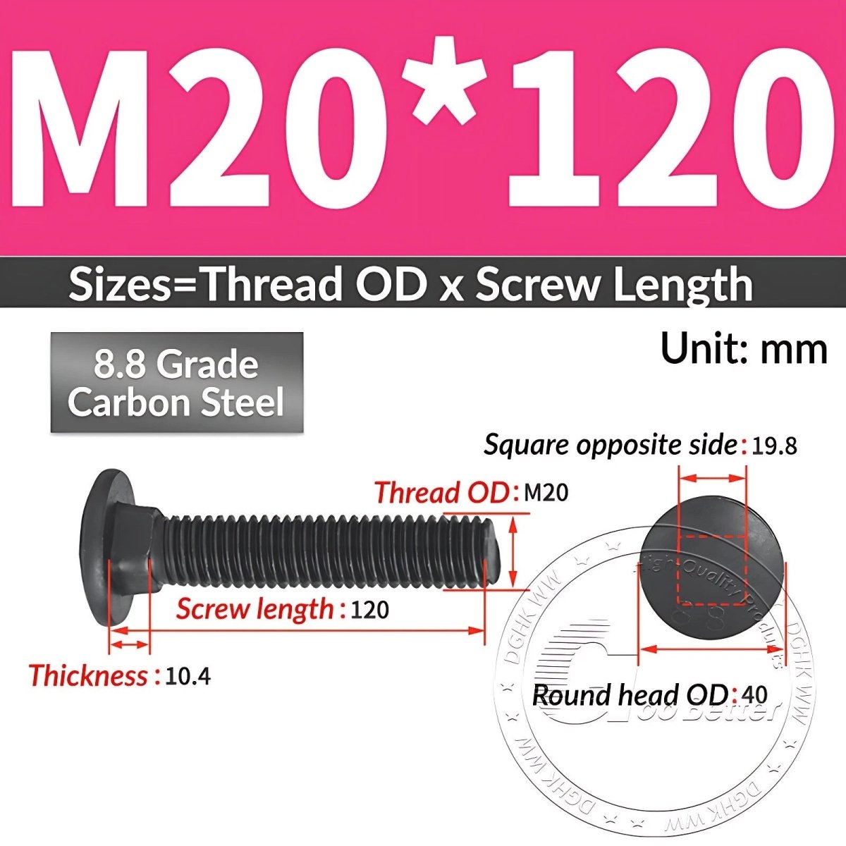 Black 8.8 Grade Steel Carriage Bolts | Cup Square Dome Head | M6–M24 - HomeDIYer